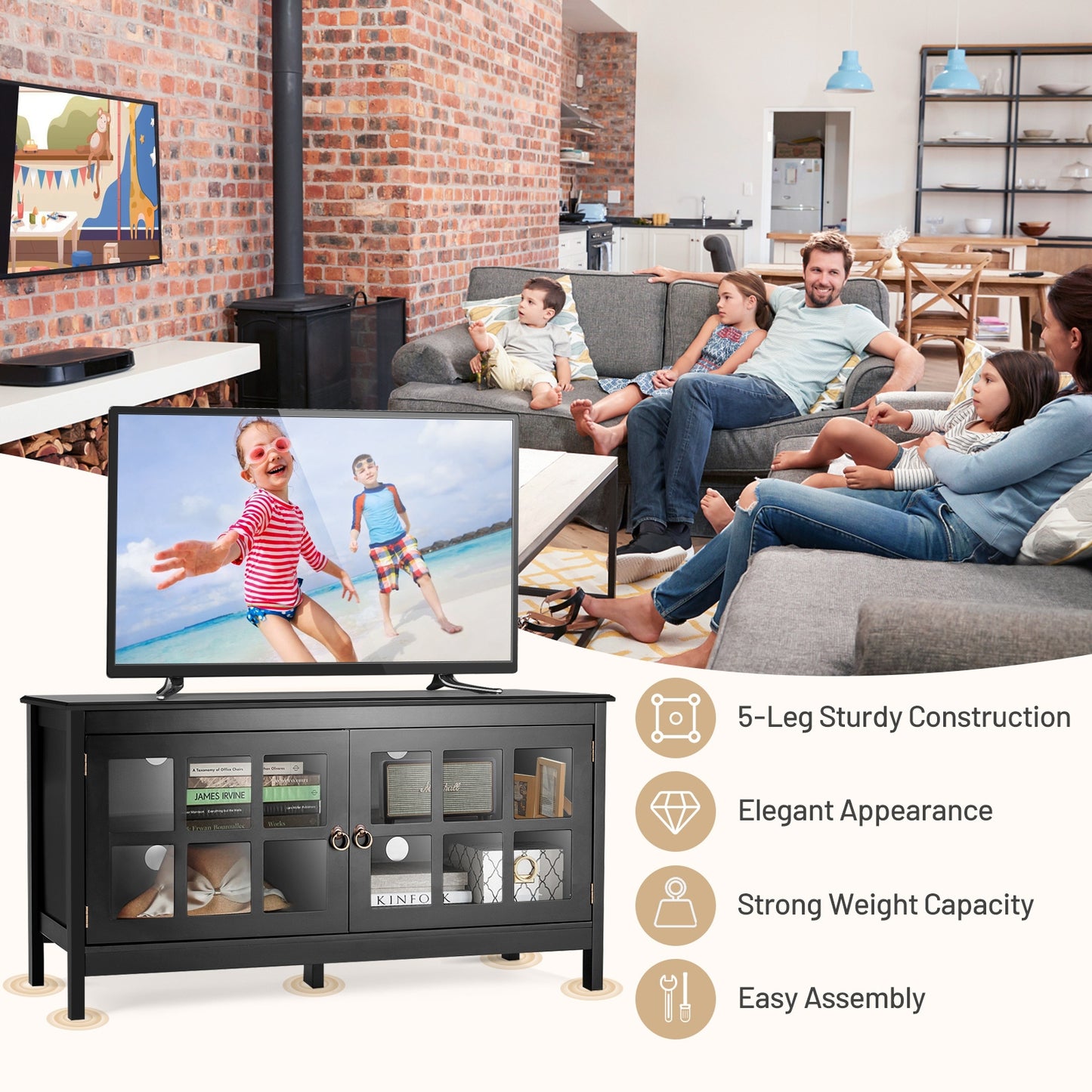 Wooden TV Stand with Cabinets and Open Shelves for TVs up to 50 Inches - Black