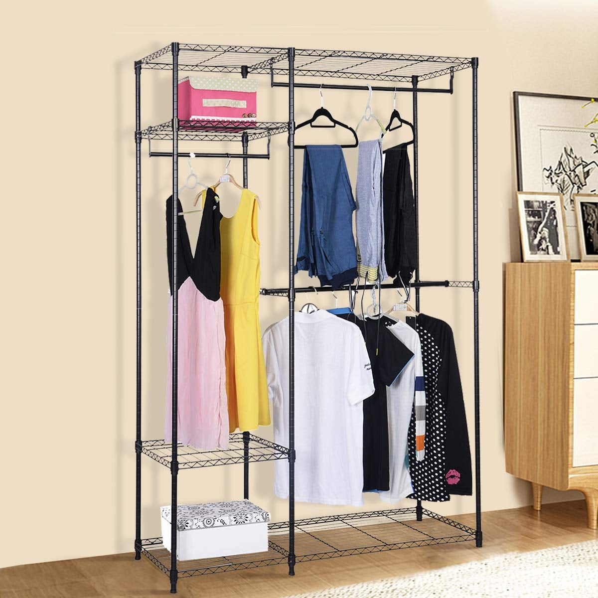 Freestanding Steel Wardrobe Closet with Adjustable Shelves and Hanging Rails