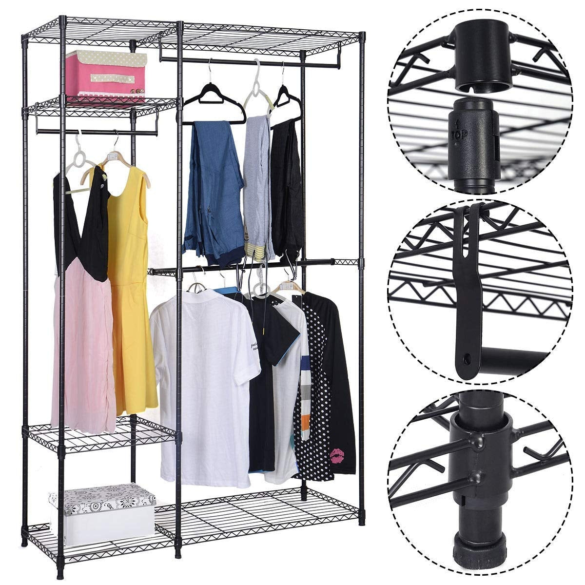 Freestanding Steel Wardrobe Closet with Adjustable Shelves and Hanging Rails
