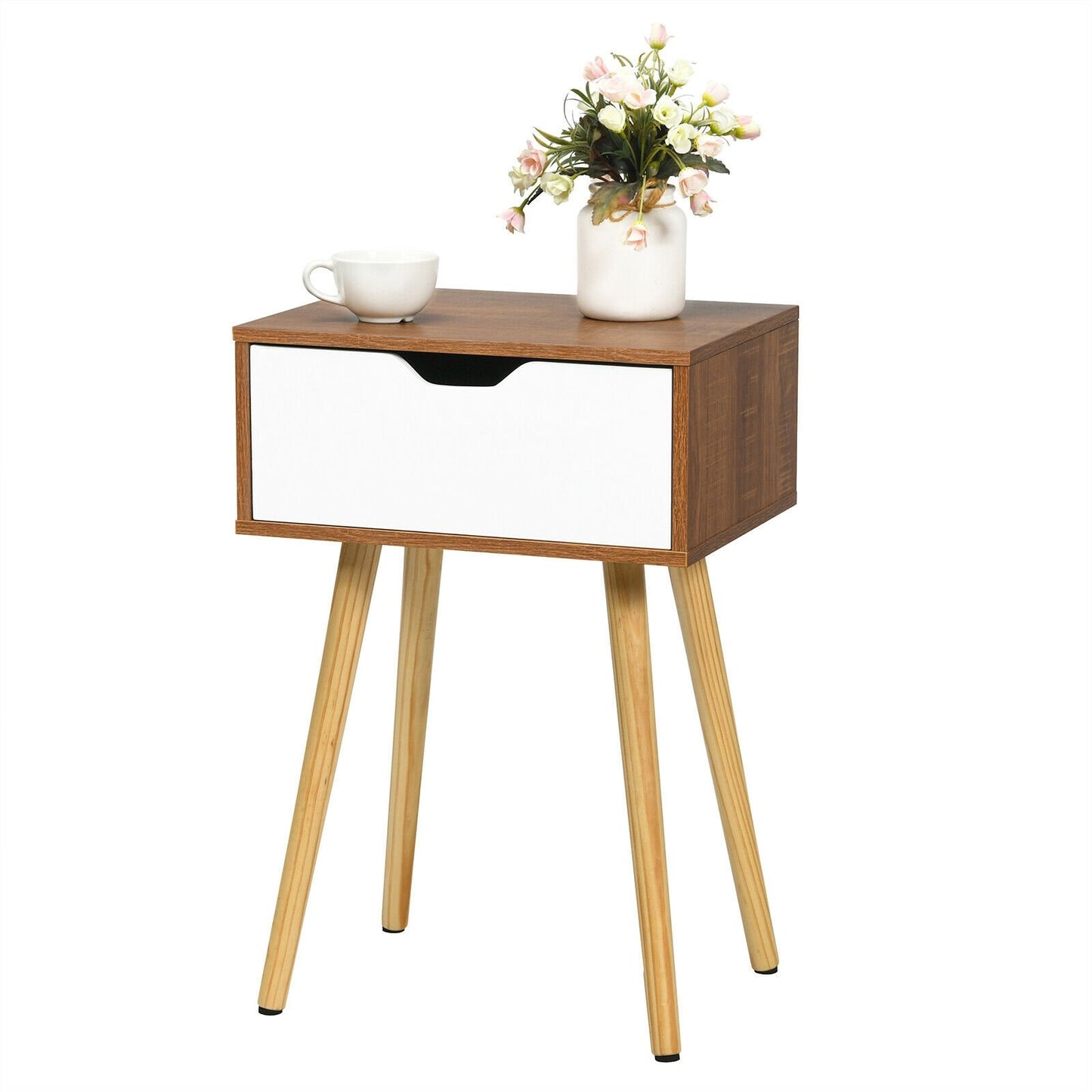 Wood Nightstand with Drawer and Solid Wooden Legs, Minimalist Side Table