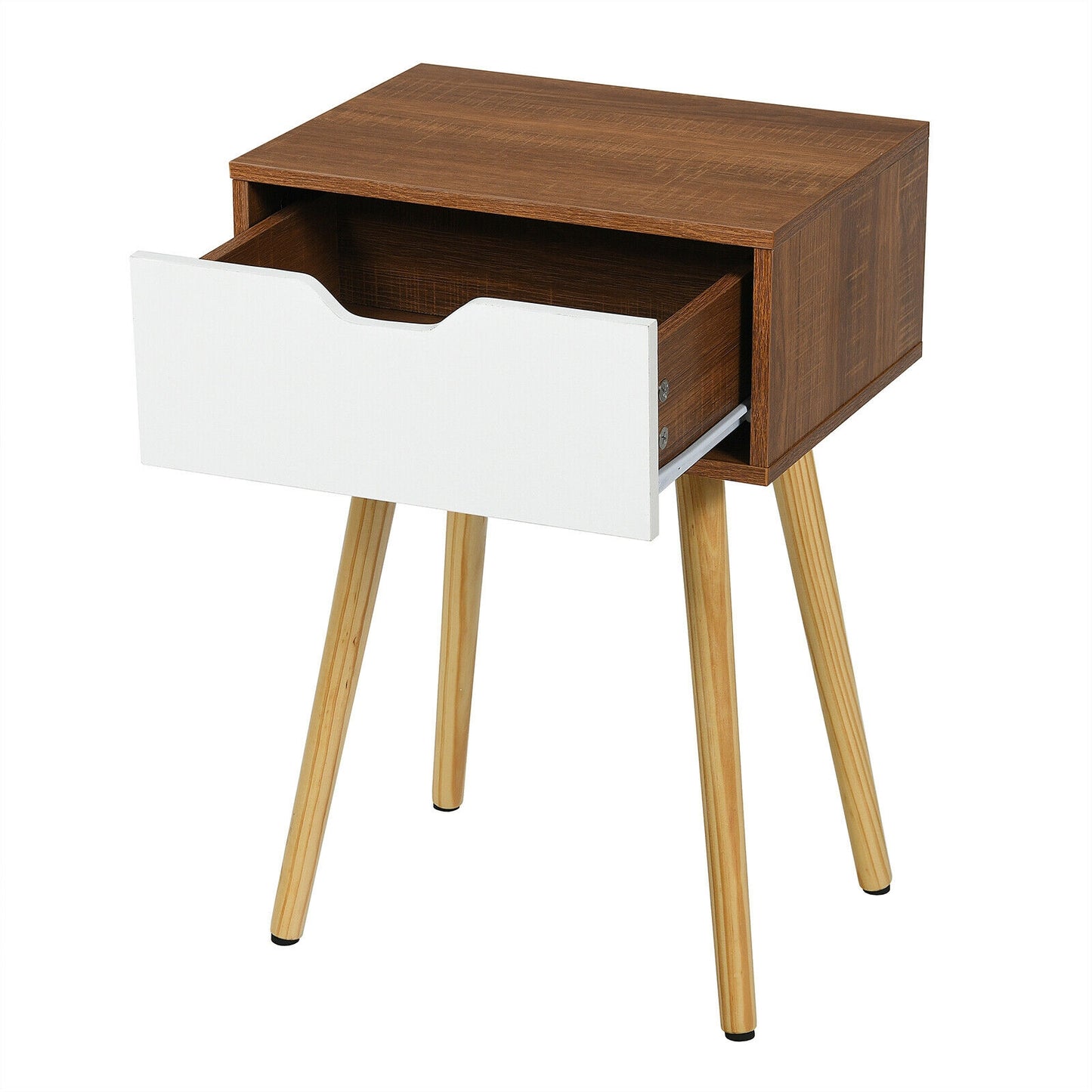 Wood Nightstand with Drawer and Solid Wooden Legs, Minimalist Side Table
