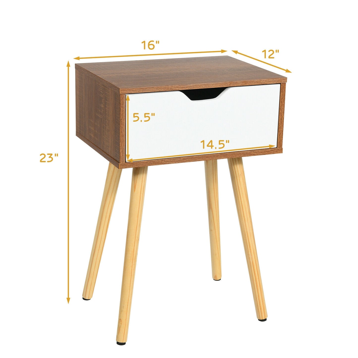 Wood Nightstand with Drawer and Solid Wooden Legs, Minimalist Side Table