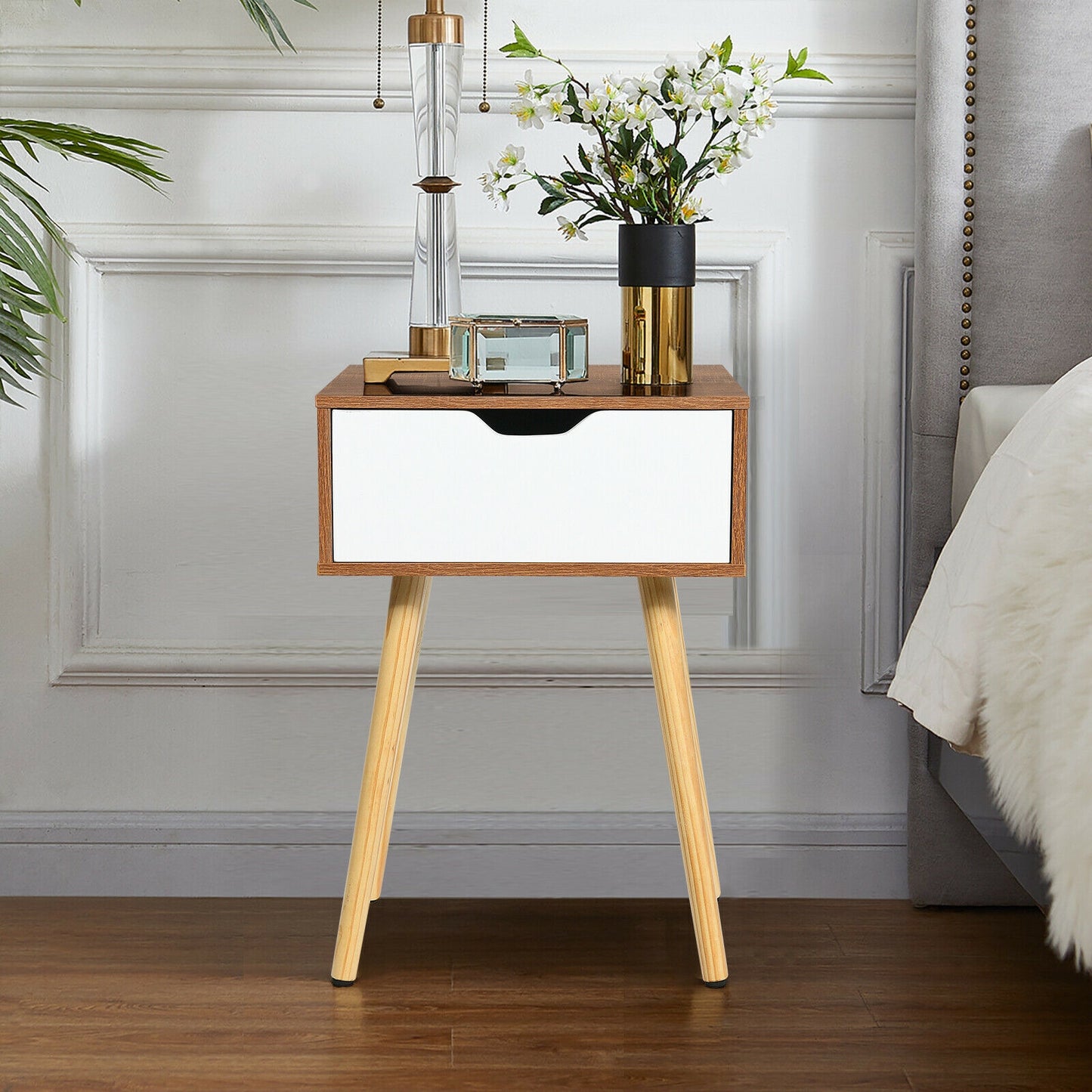 Wood Nightstand with Drawer and Solid Wooden Legs, Minimalist Side Table