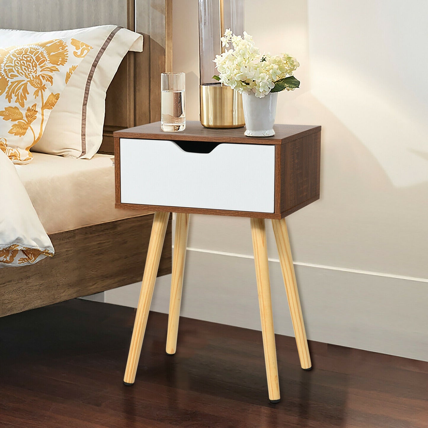 Wood Nightstand with Drawer and Solid Wooden Legs, Minimalist Side Table