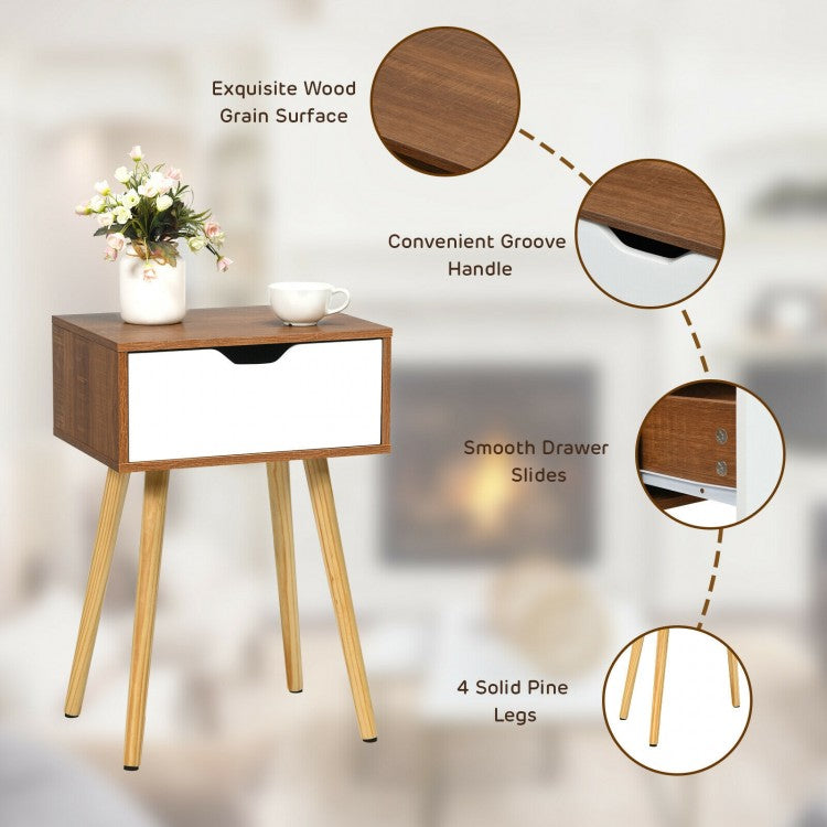 Wood Nightstand with Drawer and Solid Wooden Legs, Minimalist Side Table