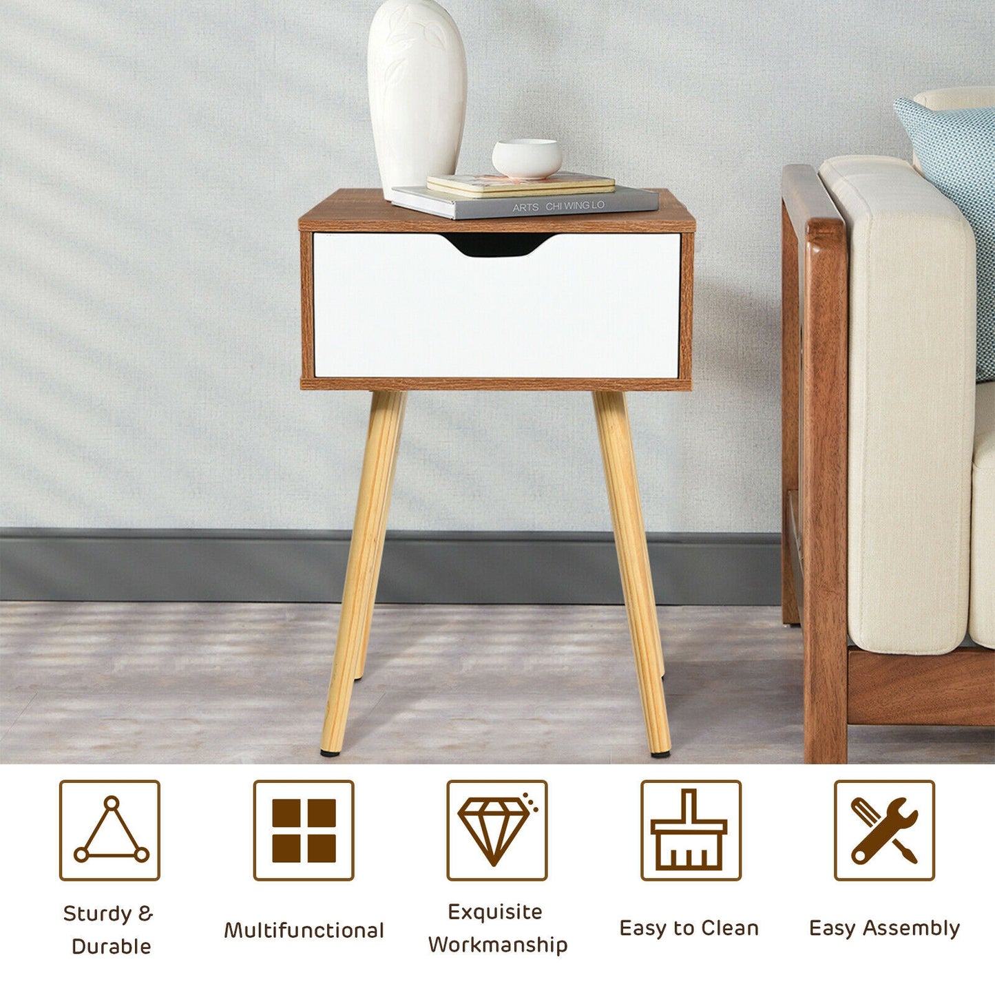 Wood Nightstand with Drawer and Solid Wooden Legs, Minimalist Side Table