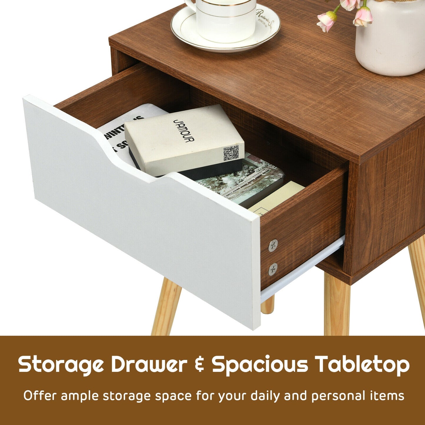 Wood Nightstand with Drawer and Solid Wooden Legs, Minimalist Side Table