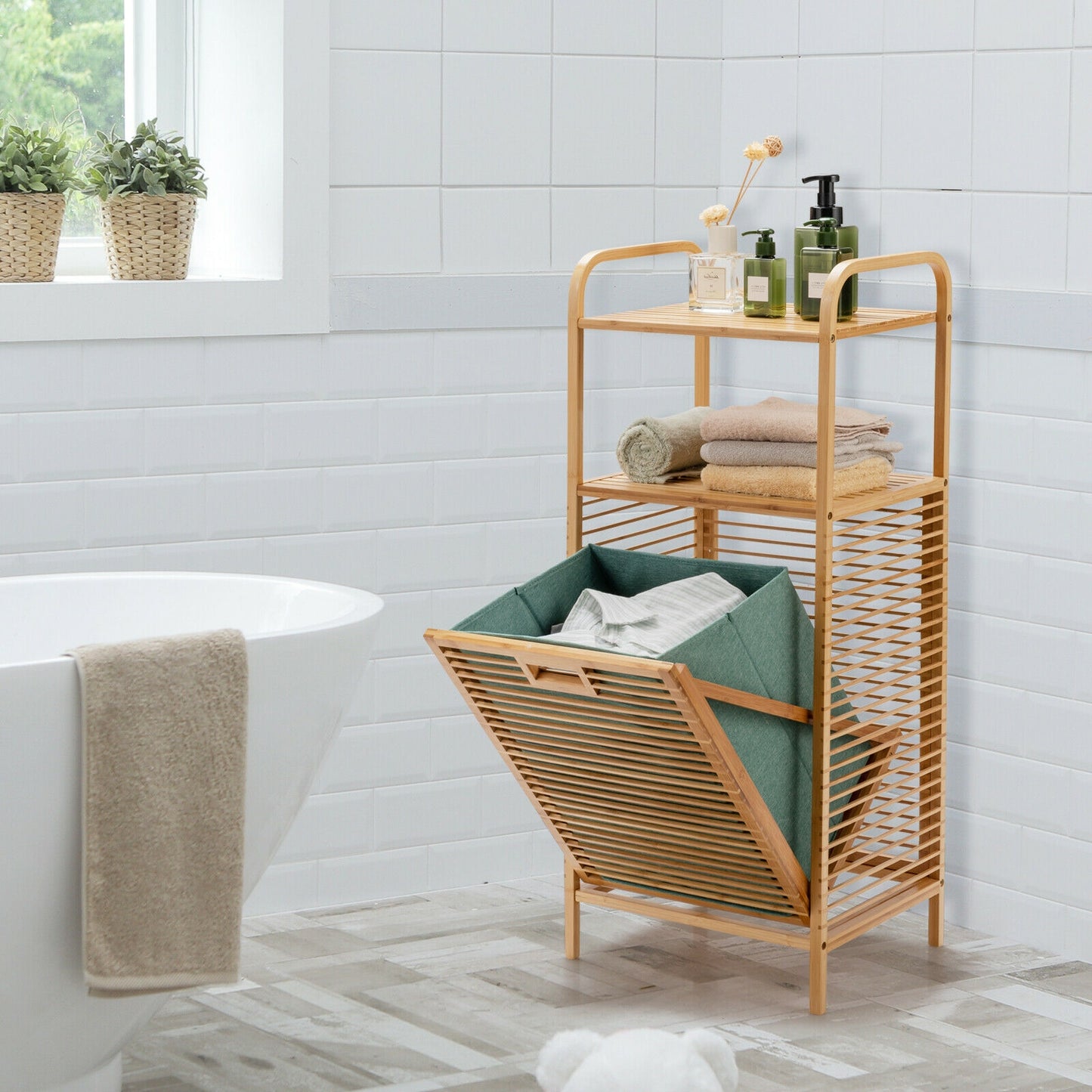 Versatile Bamboo Laundry Hamper with Tilt-Out Basket and 2 Open Shelves