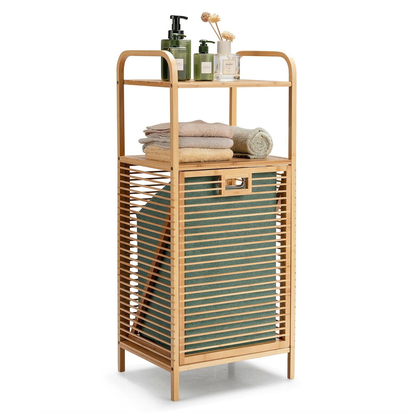 Versatile Bamboo Laundry Hamper with Tilt-Out Basket and 2 Open Shelves