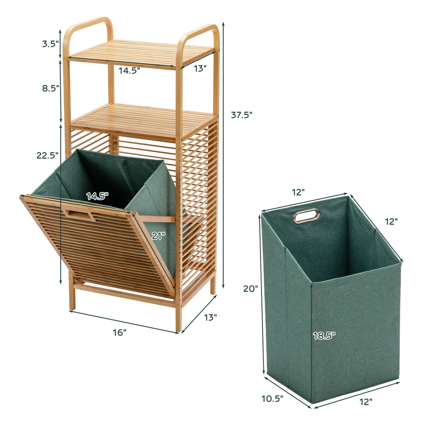 Versatile Bamboo Laundry Hamper with Tilt-Out Basket and 2 Open Shelves
