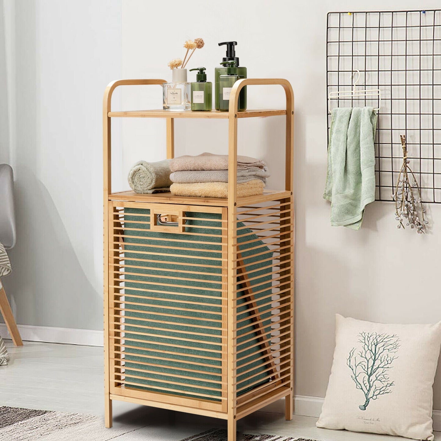 Versatile Bamboo Laundry Hamper with Tilt-Out Basket and 2 Open Shelves