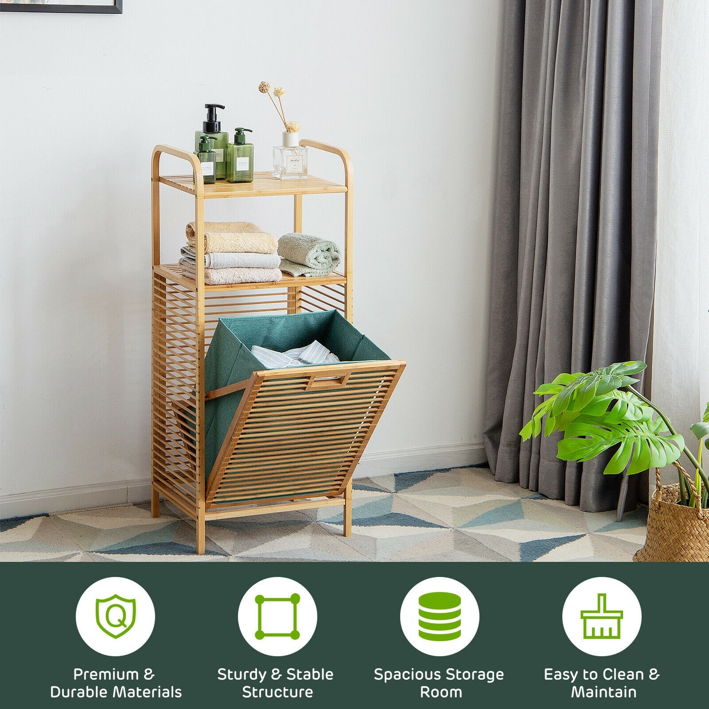 Versatile Bamboo Laundry Hamper with Tilt-Out Basket and 2 Open Shelves