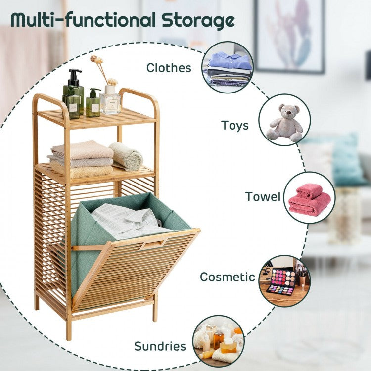 Versatile Bamboo Laundry Hamper with Tilt-Out Basket and 2 Open Shelves