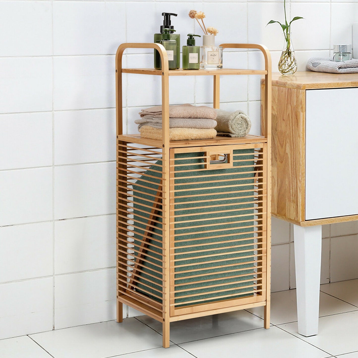 Versatile Bamboo Laundry Hamper with Tilt-Out Basket and 2 Open Shelves
