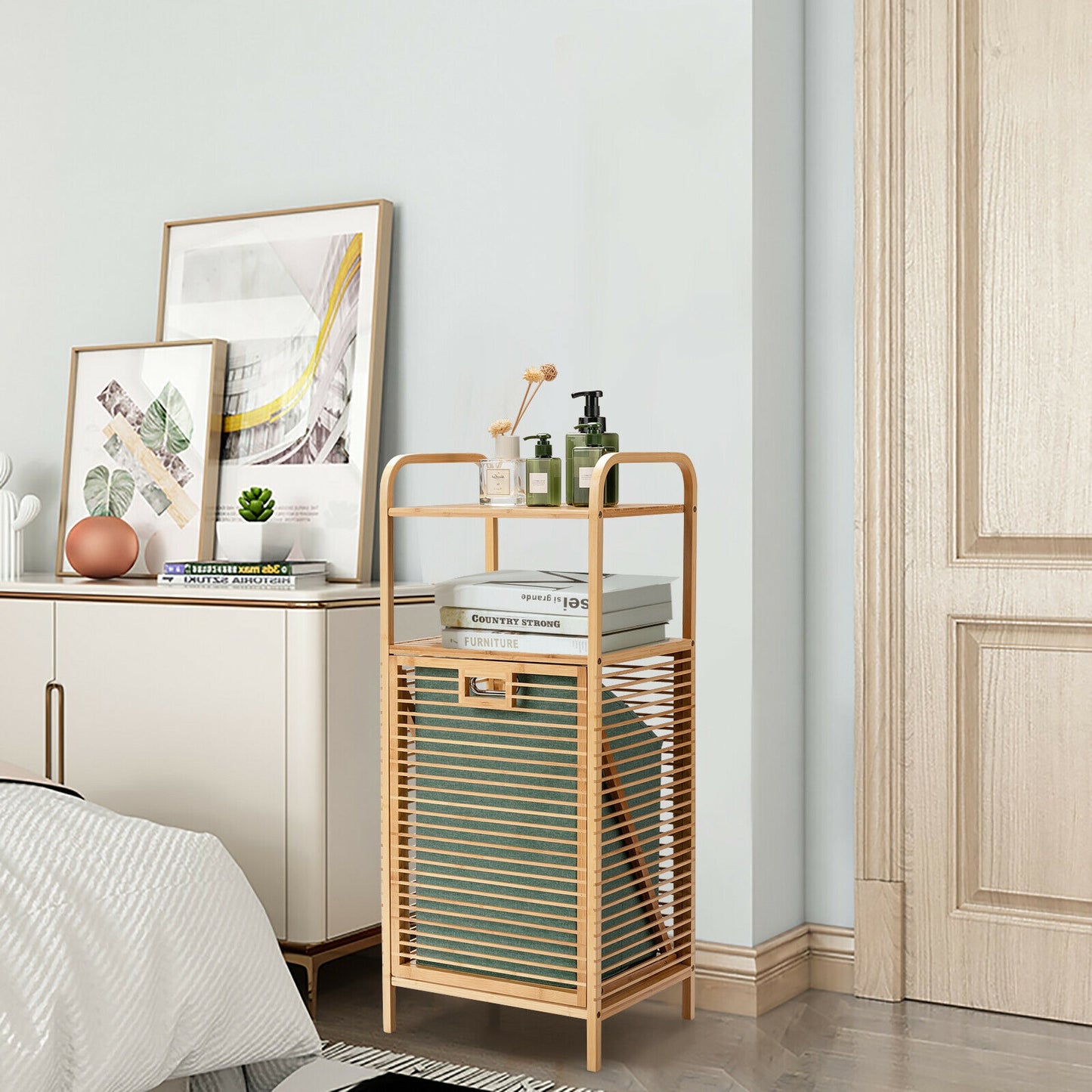 Versatile Bamboo Laundry Hamper with Tilt-Out Basket and 2 Open Shelves