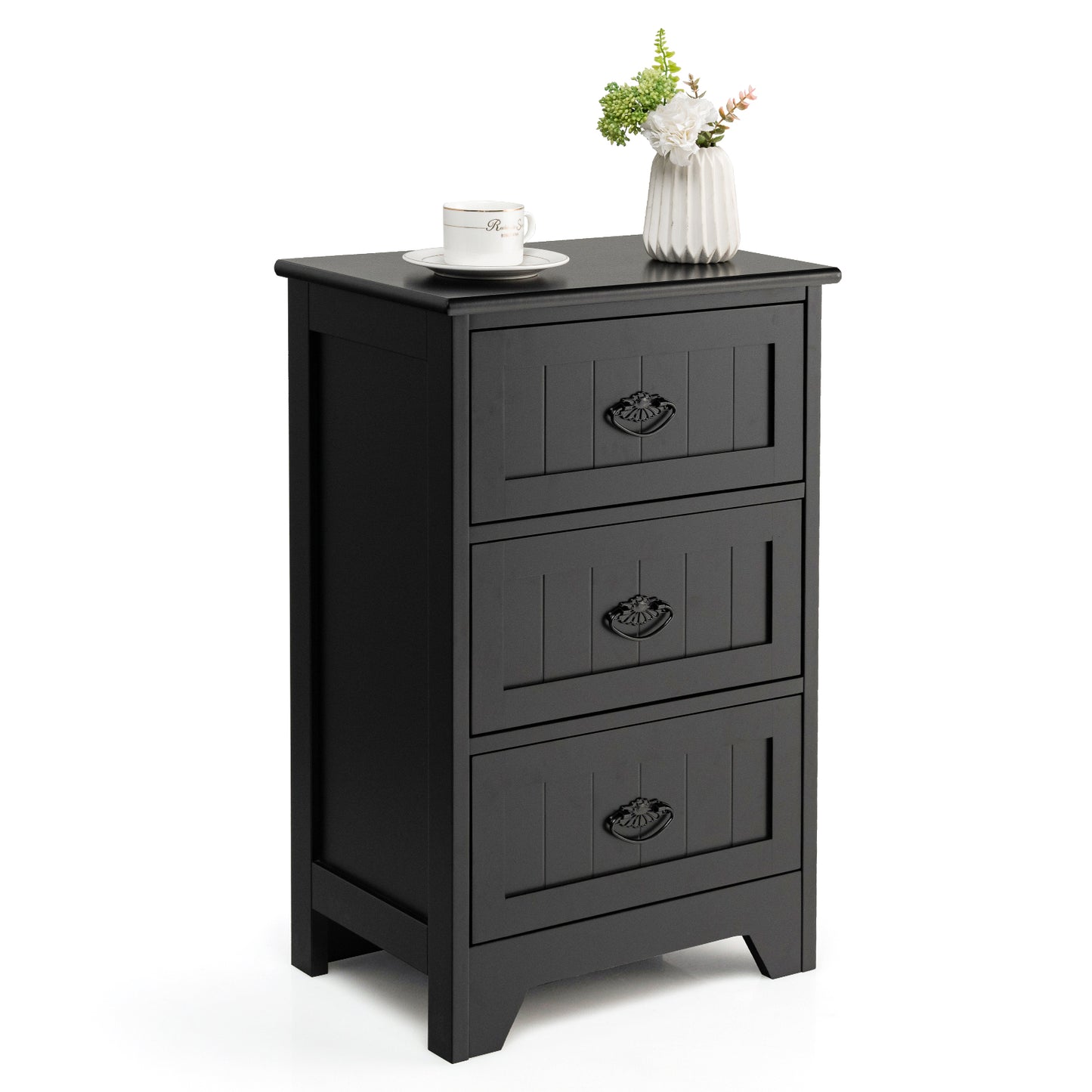 3-Drawer Wooden Nightstand with Storage Organizer – Black