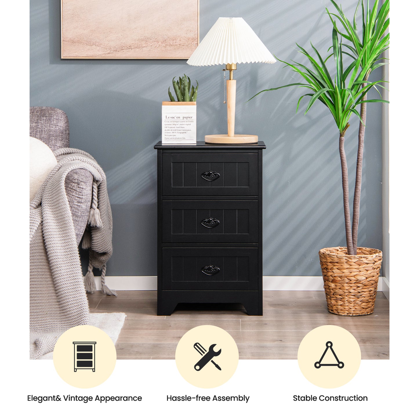 3-Drawer Wooden Nightstand with Storage Organizer – Black