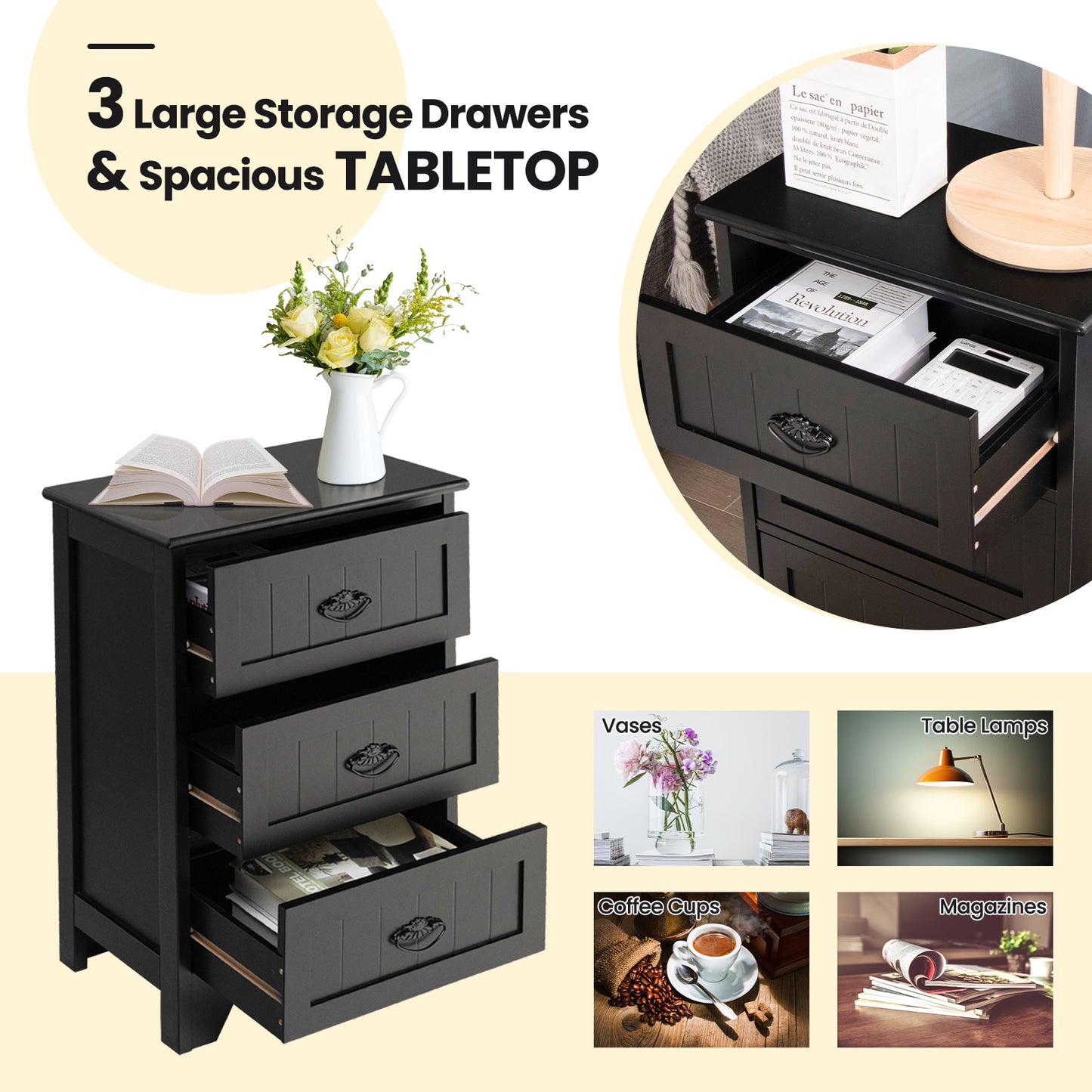 3-Drawer Wooden Nightstand with Storage Organizer – Black