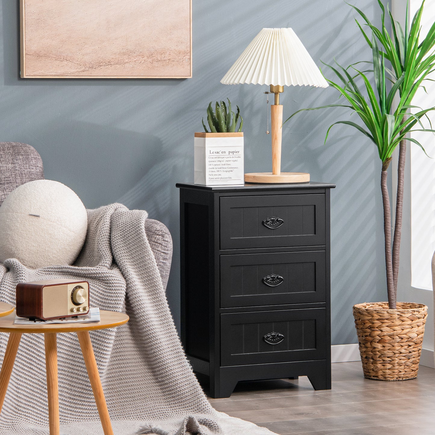 3-Drawer Wooden Nightstand with Storage Organizer – Black