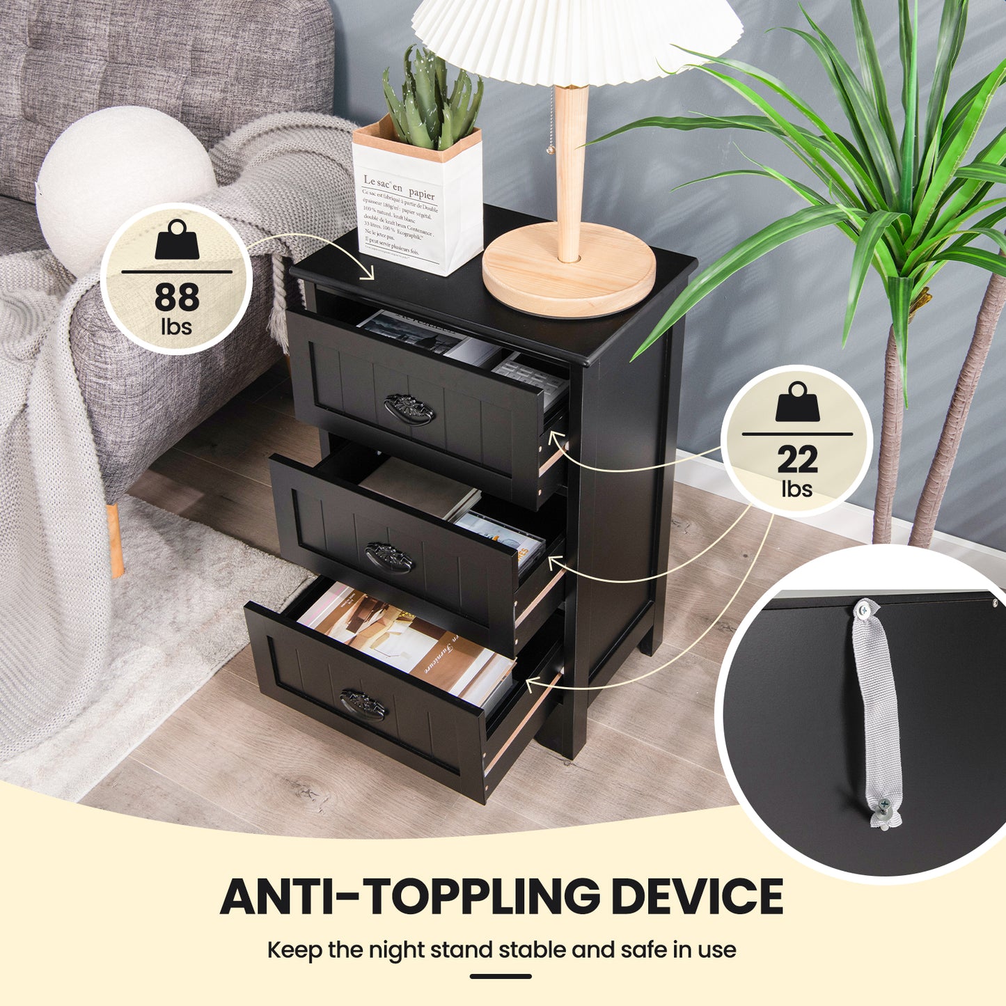 3-Drawer Wooden Nightstand with Storage Organizer – Black