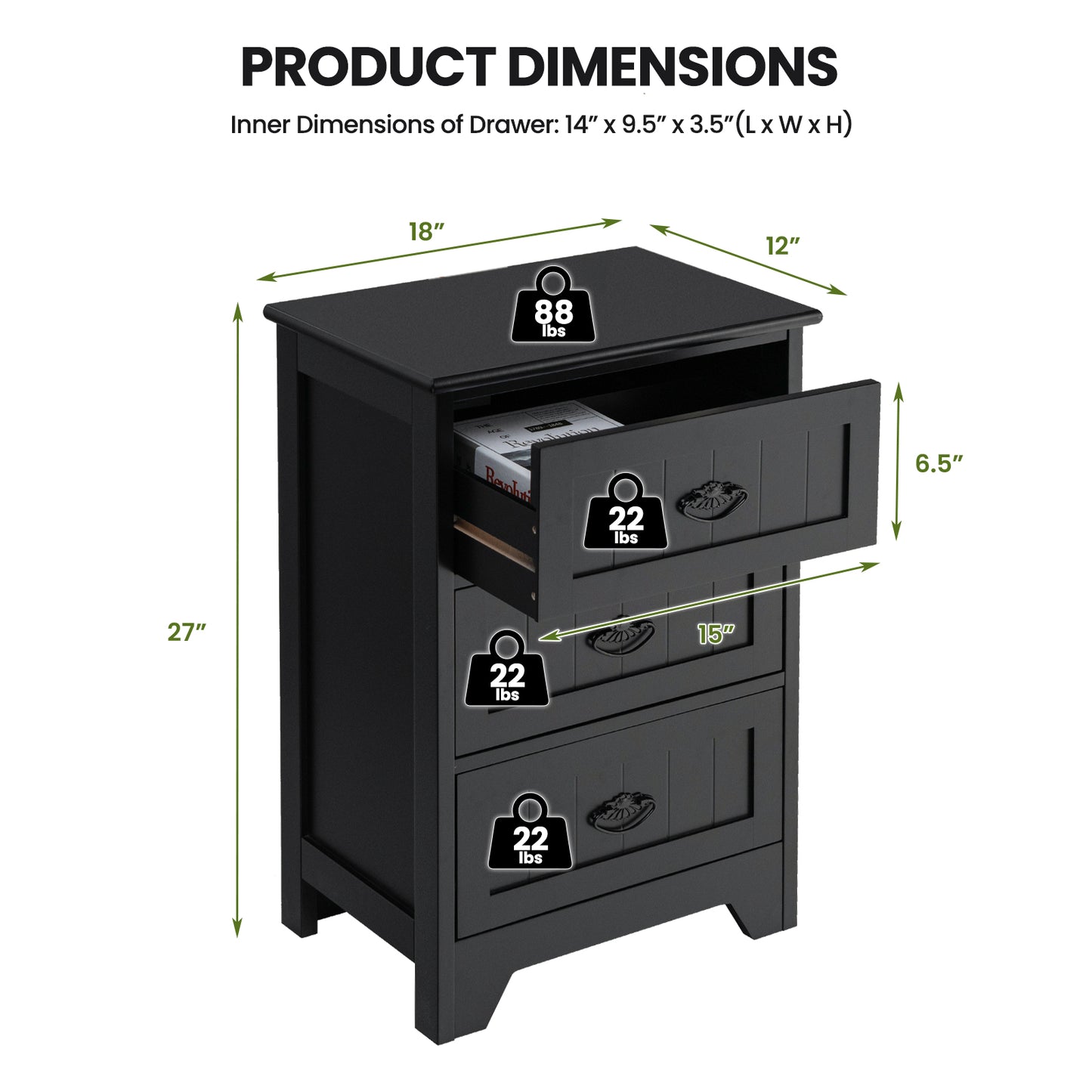 3-Drawer Wooden Nightstand with Storage Organizer – Black