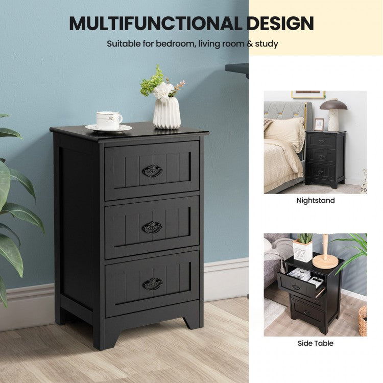 3-Drawer Wooden Nightstand with Storage Organizer – Black