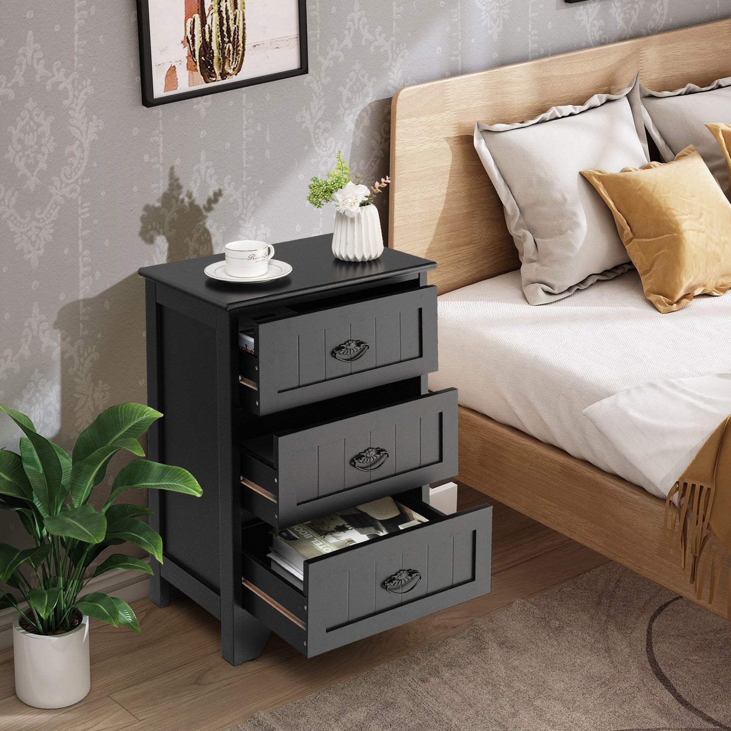 3-Drawer Wooden Nightstand with Storage Organizer – Black