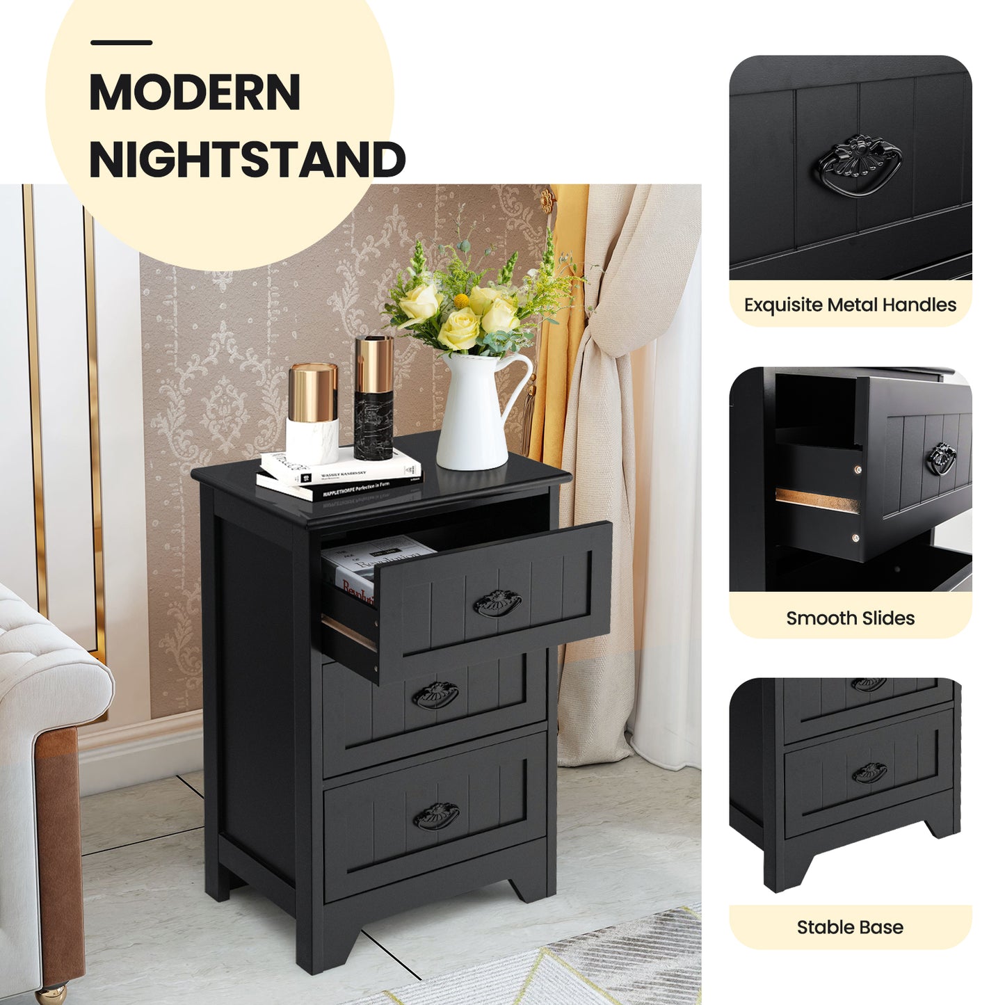3-Drawer Wooden Nightstand with Storage Organizer – Black