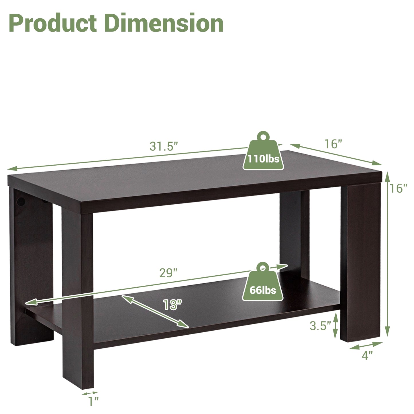 Rectangular Wood Coffee Table with Open Storage Shelf for Living Room