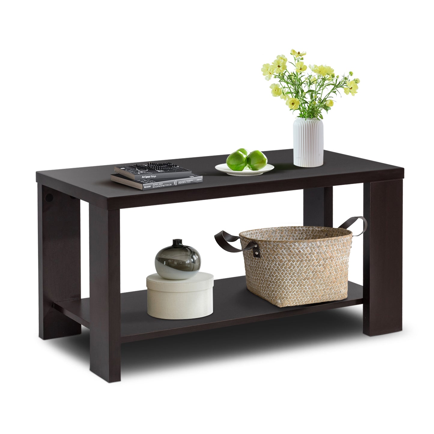 Rectangular Wood Coffee Table with Open Storage Shelf for Living Room