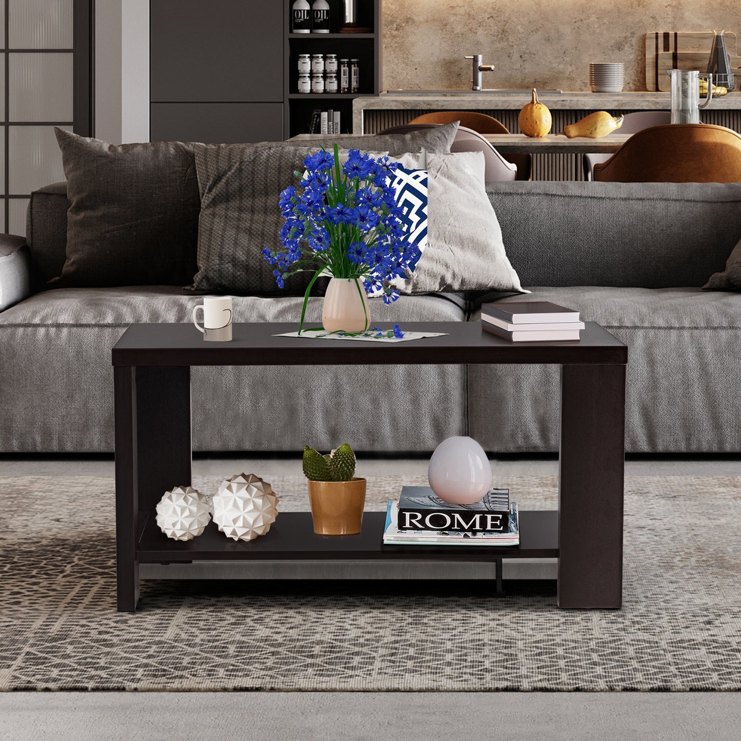 Rectangular Wood Coffee Table with Open Storage Shelf for Living Room
