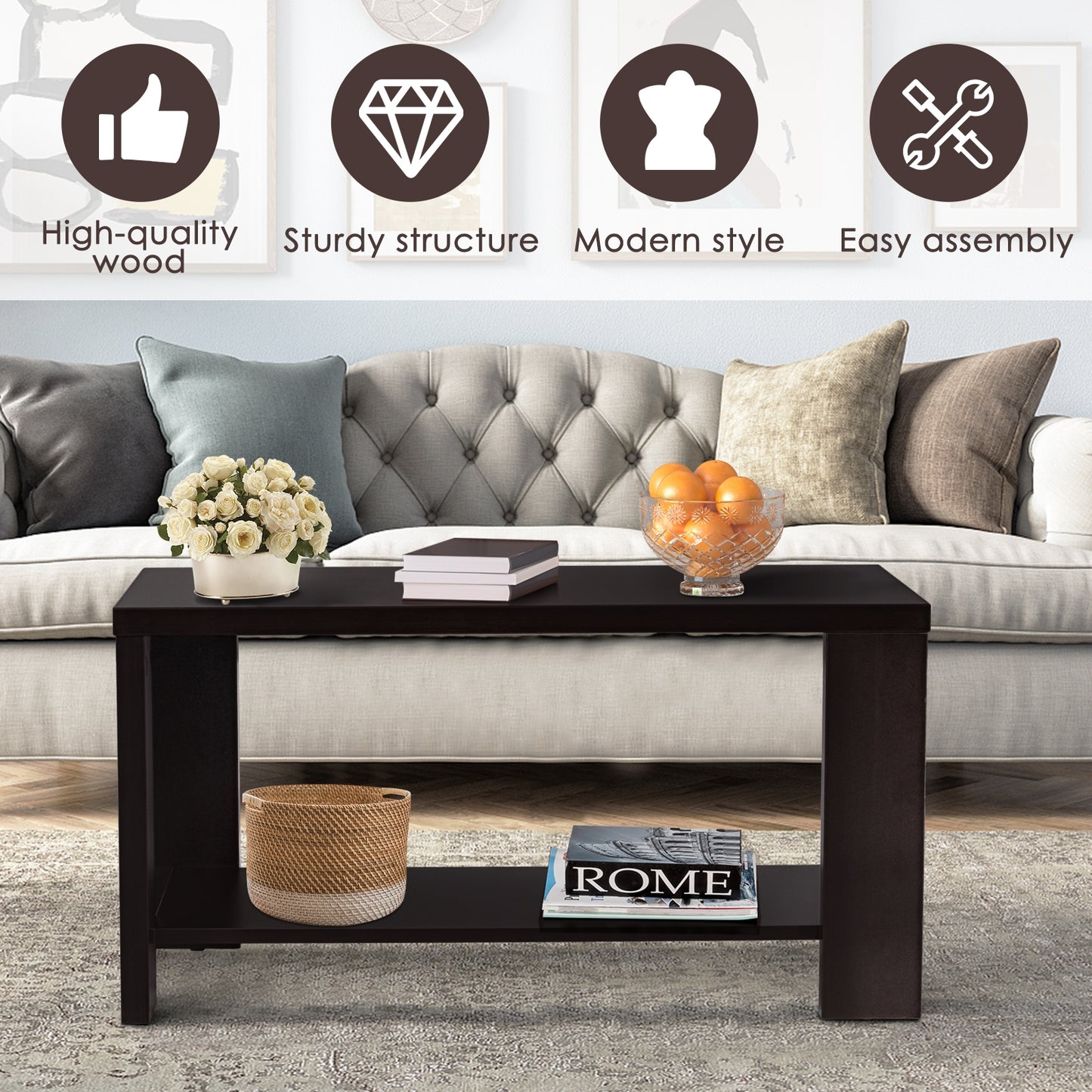 Rectangular Wood Coffee Table with Open Storage Shelf for Living Room