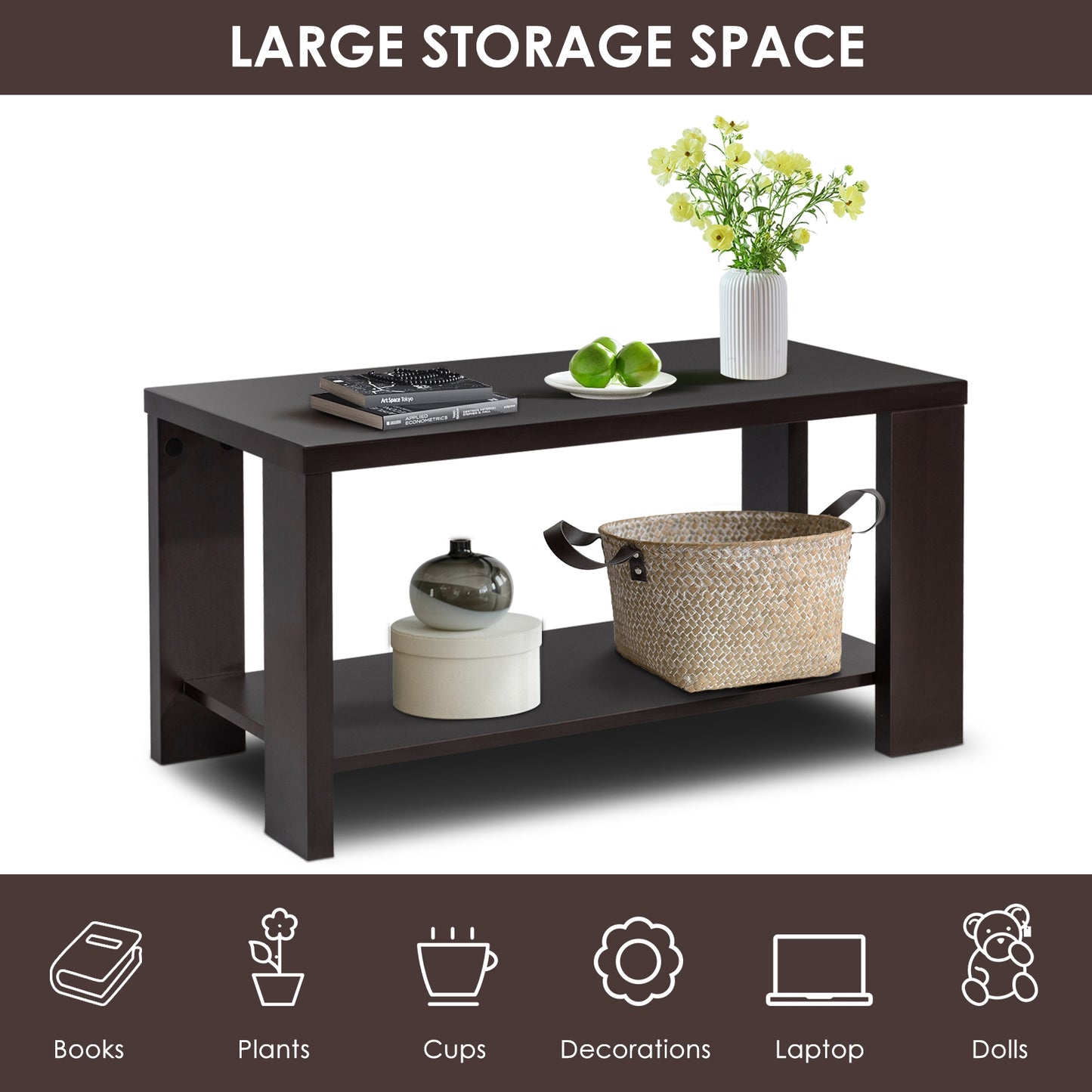 Rectangular Wood Coffee Table with Open Storage Shelf for Living Room