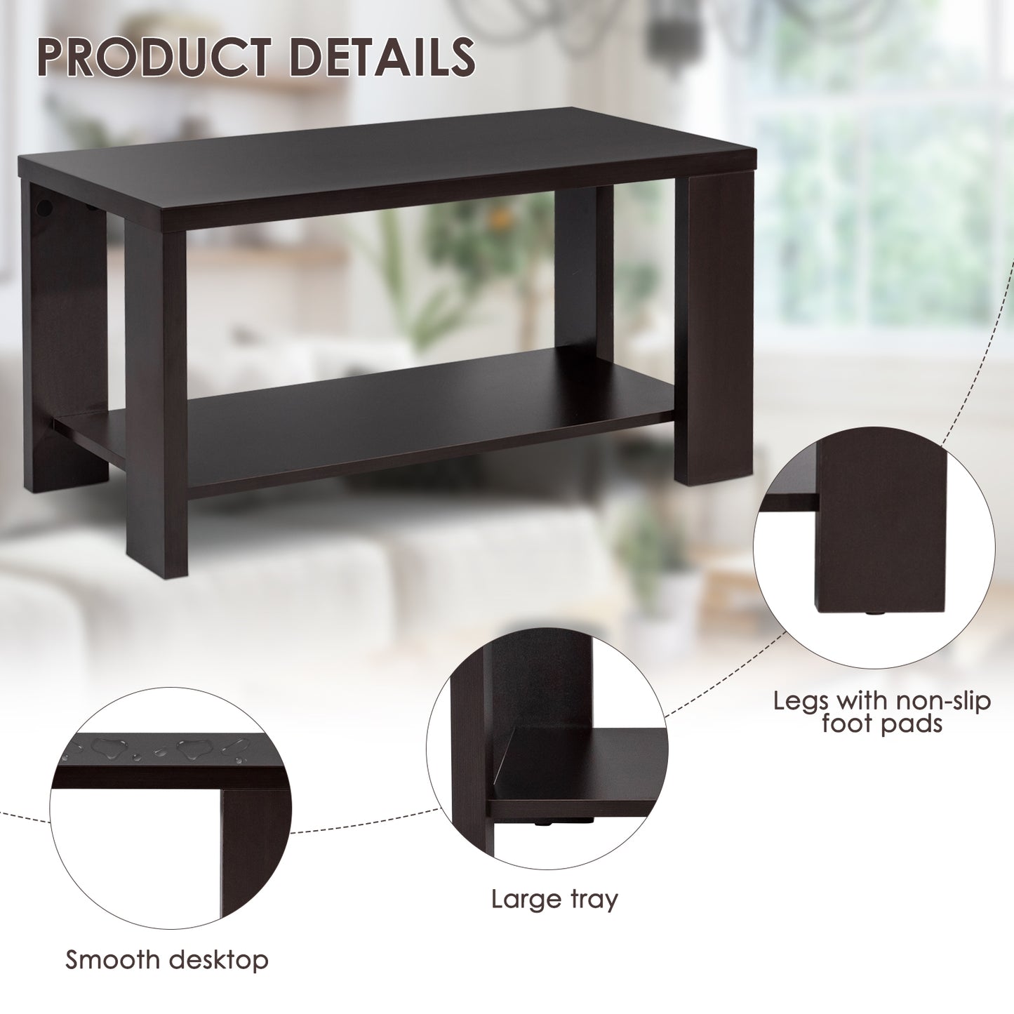 Rectangular Wood Coffee Table with Open Storage Shelf for Living Room