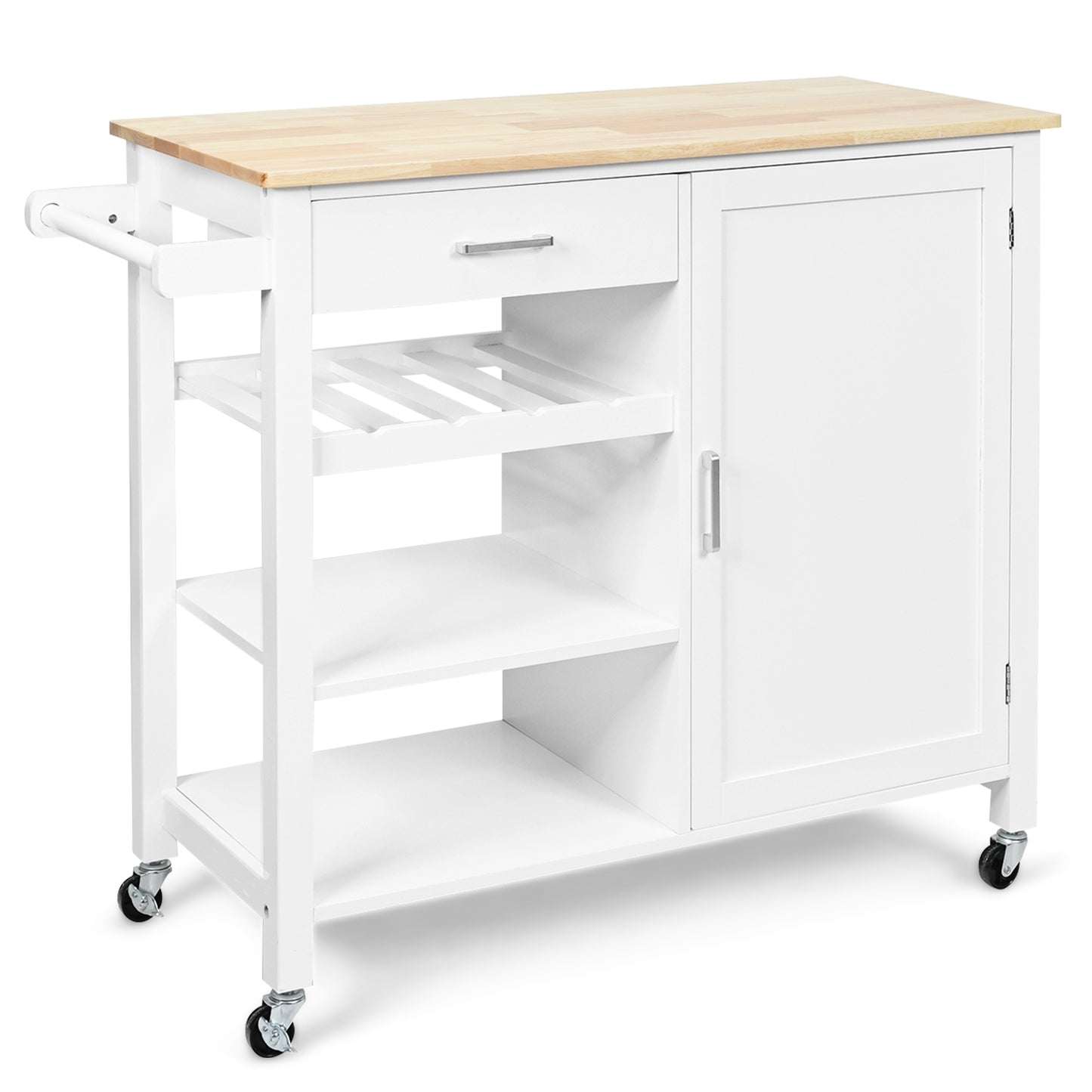 Rolling Kitchen Island Cart with Wood Top and Storage Shelves - White