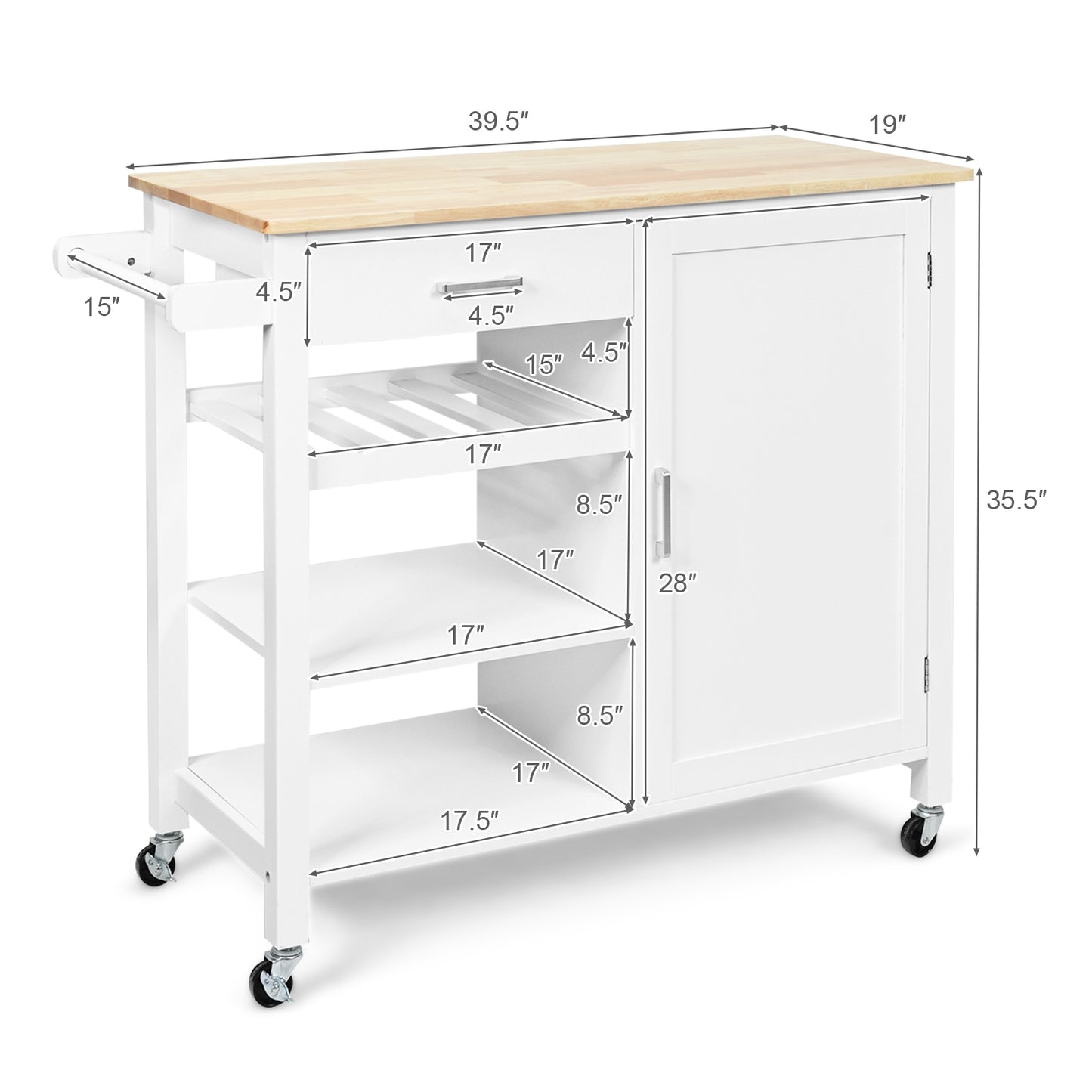 Rolling Kitchen Island Cart with Wood Top and Storage Shelves - White