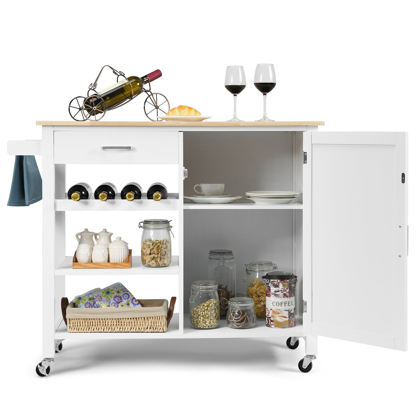 Rolling Kitchen Island Cart with Wood Top and Storage Shelves - White