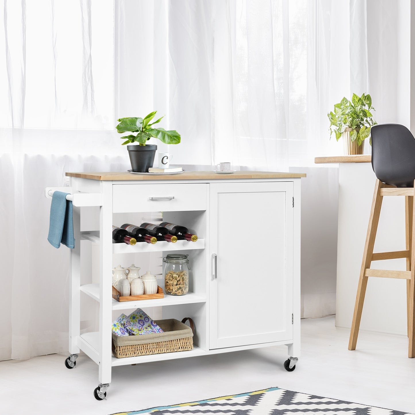 Rolling Kitchen Island Cart with Wood Top and Storage Shelves - White