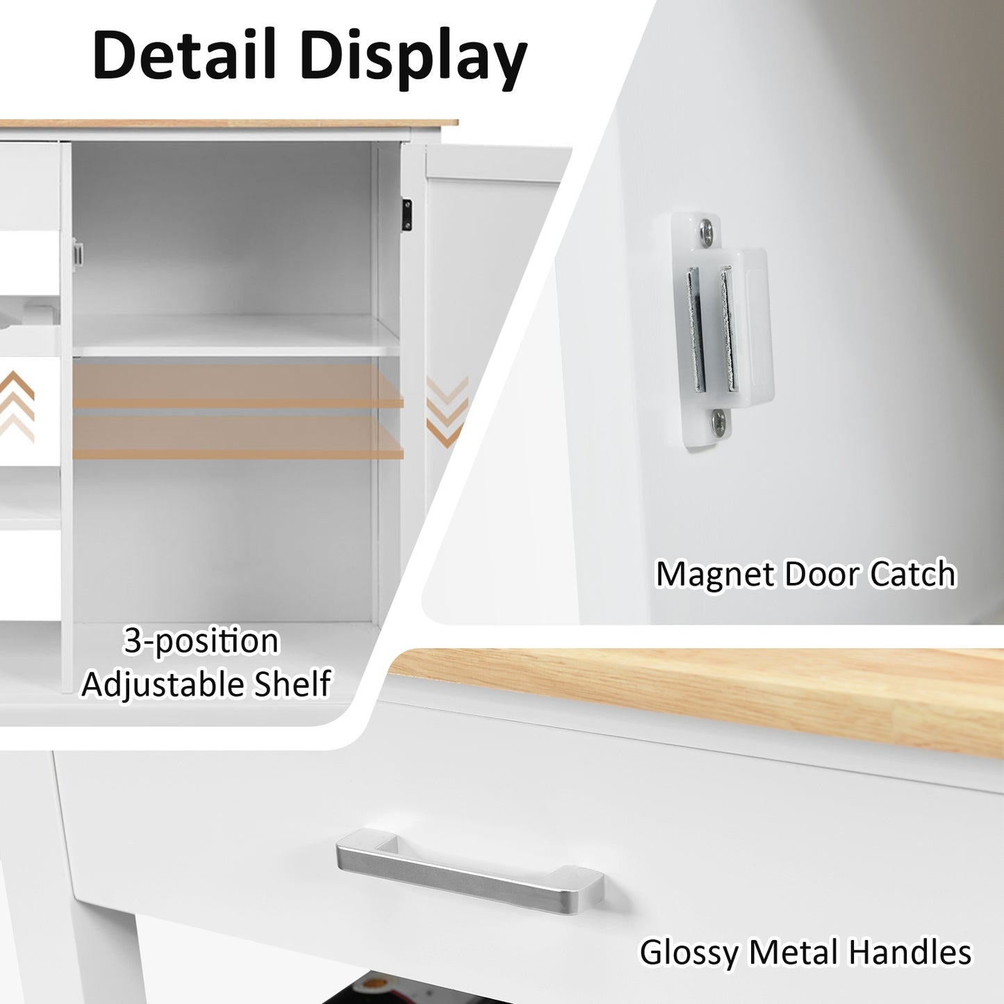 Rolling Kitchen Island Cart with Wood Top and Storage Shelves - White