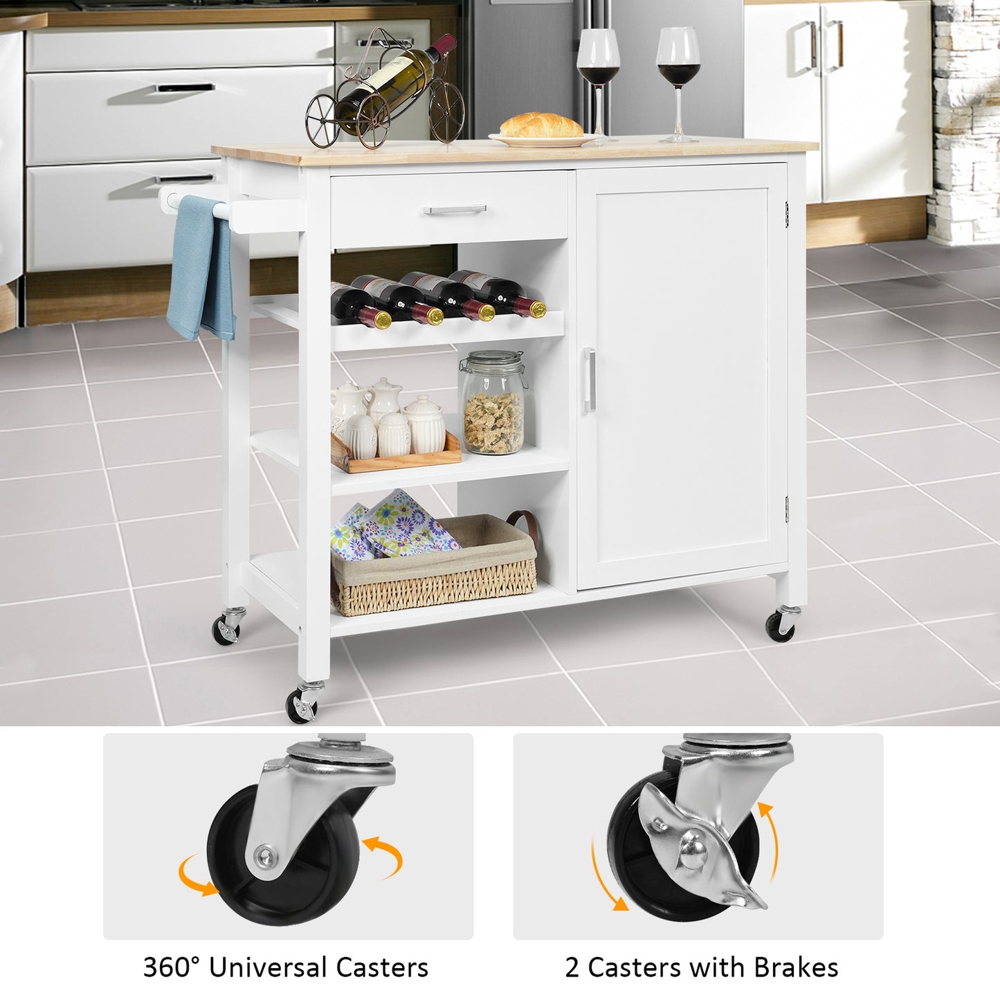 Rolling Kitchen Island Cart with Wood Top and Storage Shelves - White