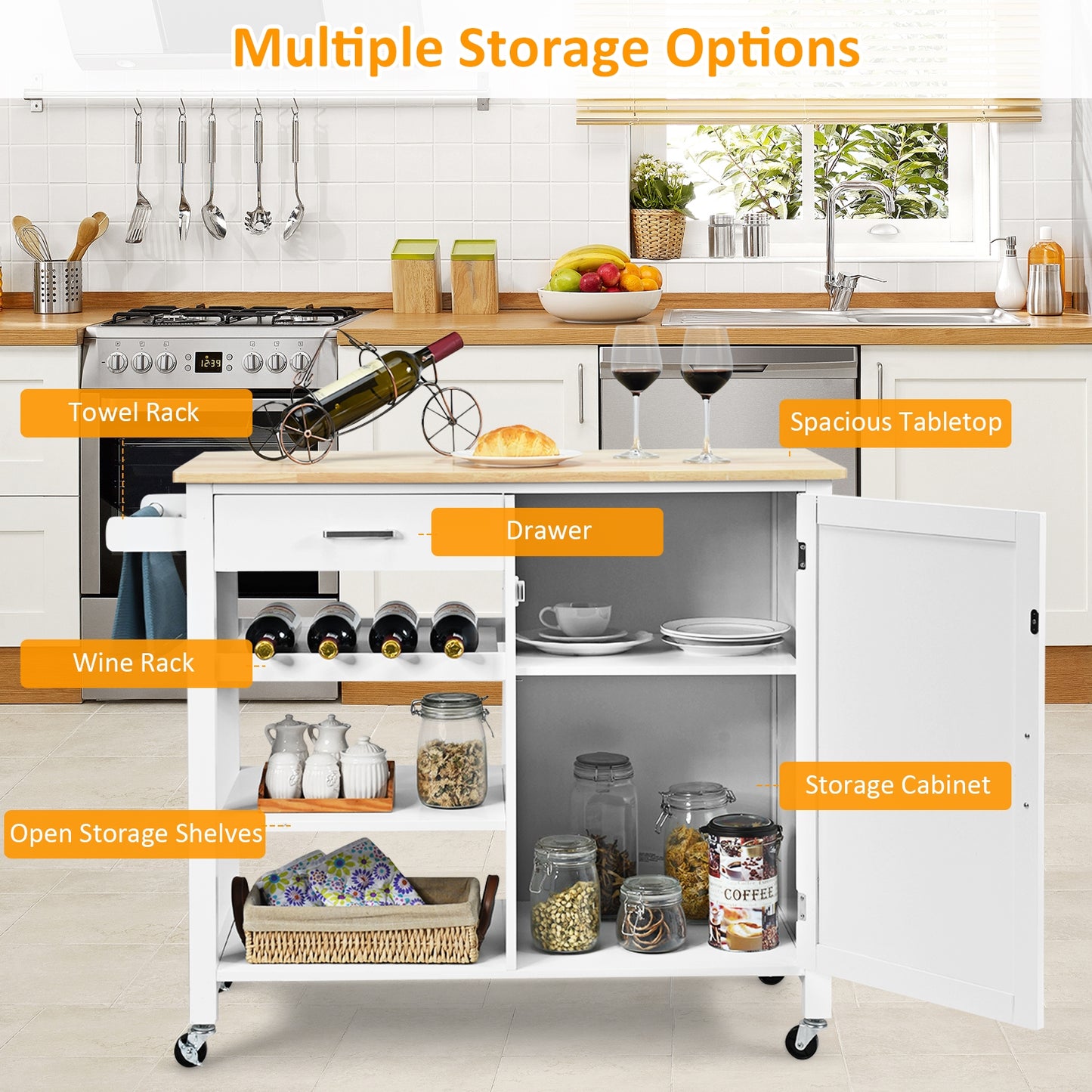 Rolling Kitchen Island Cart with Wood Top and Storage Shelves - White