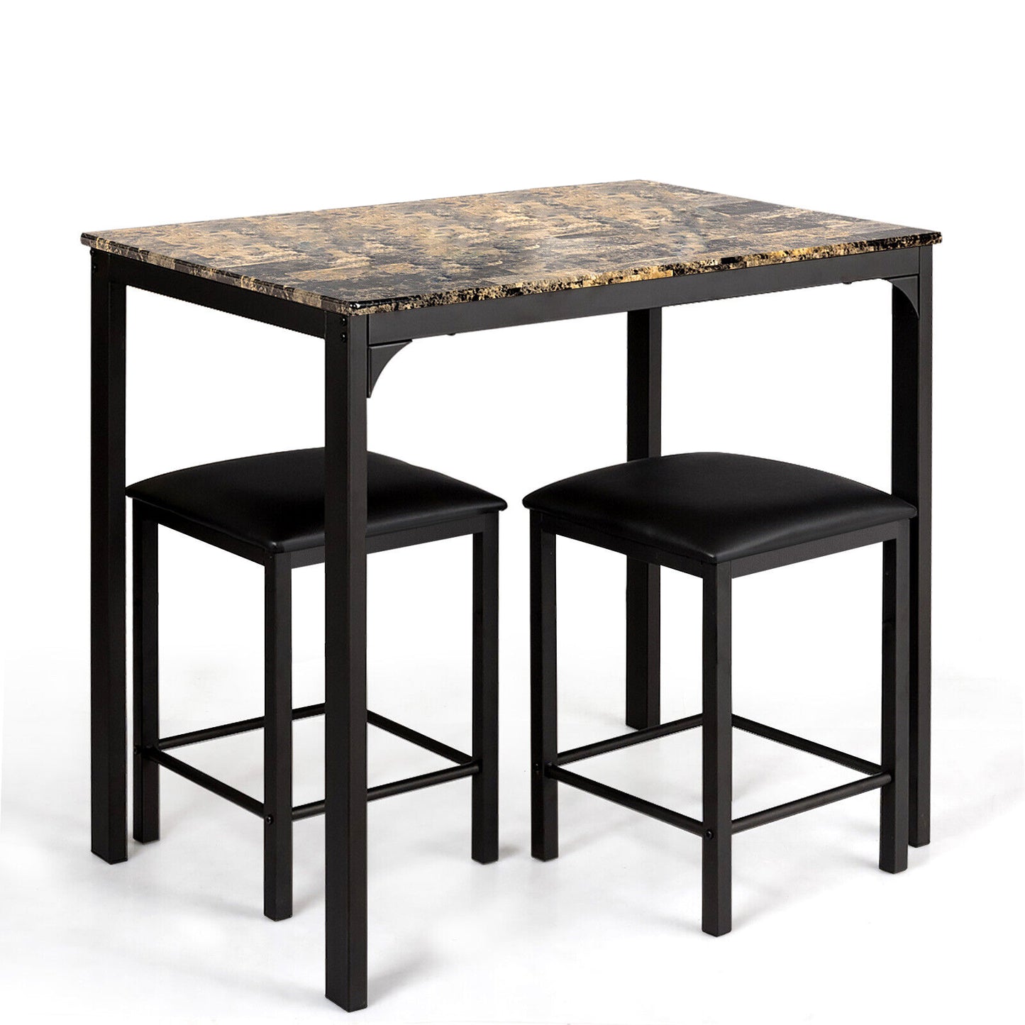 3 Piece Counter Height Dining Set with Metal Frame and Faux Marble Table - Brown