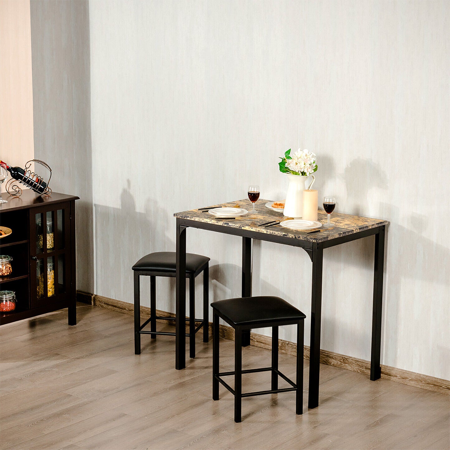 3 Piece Counter Height Dining Set with Metal Frame and Faux Marble Table - Brown