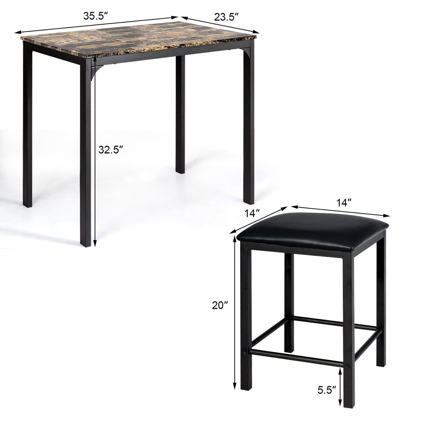 3 Piece Counter Height Dining Set with Metal Frame and Faux Marble Table - Brown