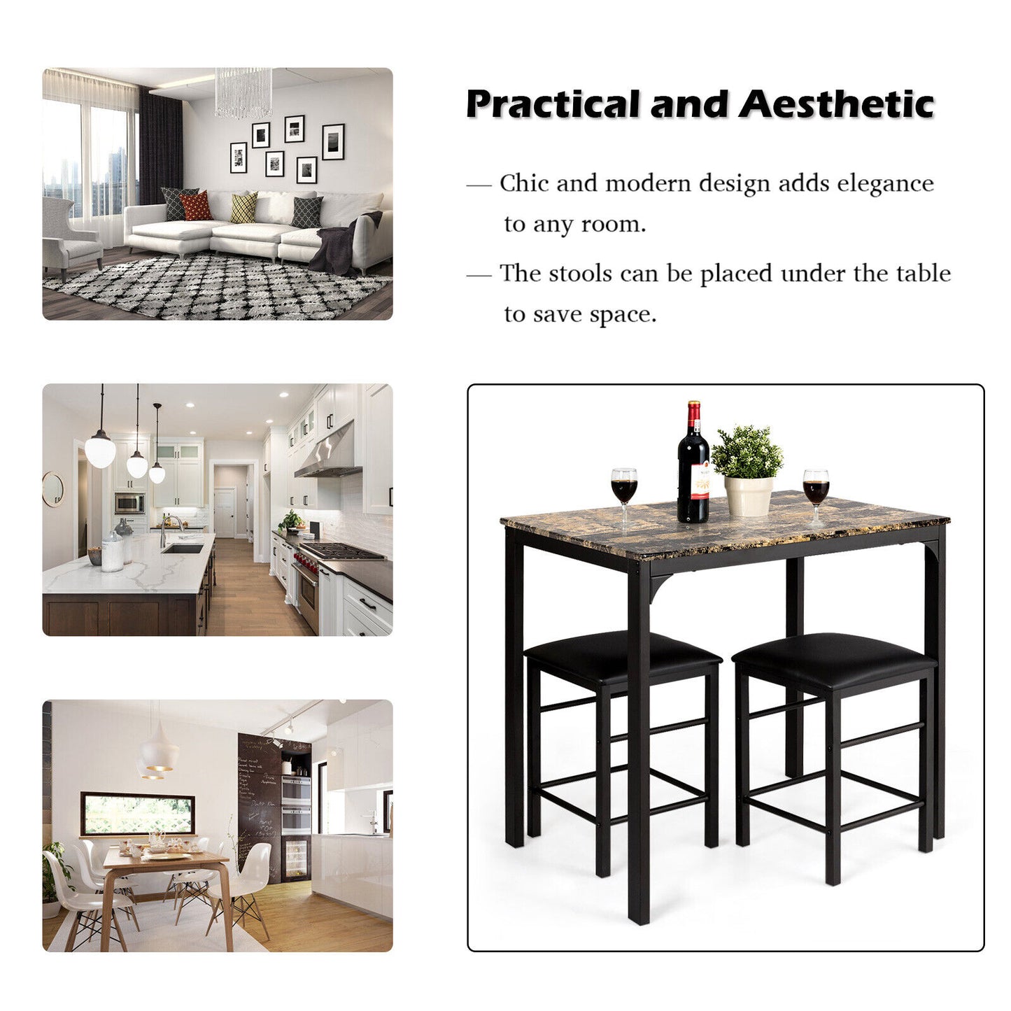 3 Piece Counter Height Dining Set with Metal Frame and Faux Marble Table - Brown