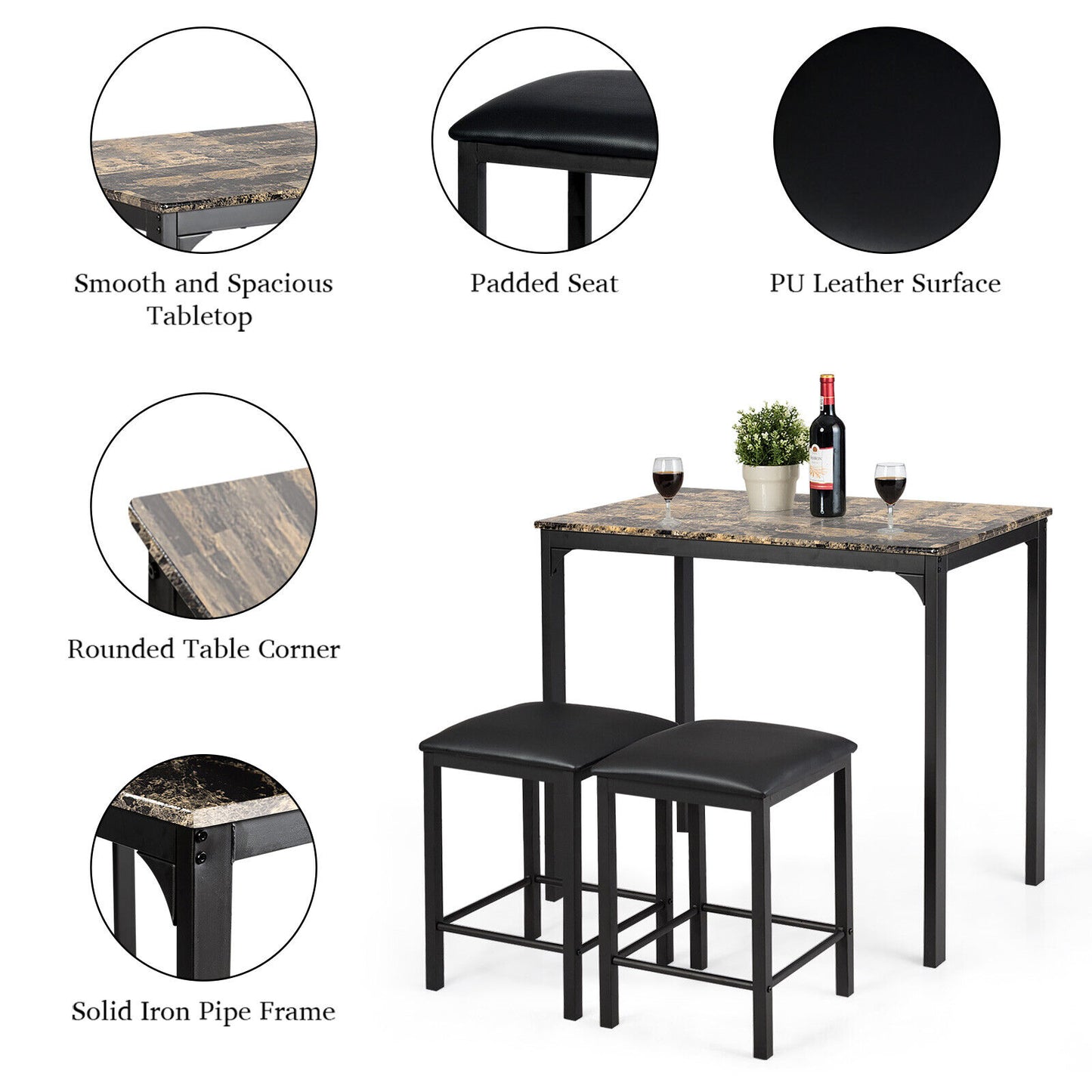 3 Piece Counter Height Dining Set with Metal Frame and Faux Marble Table - Brown