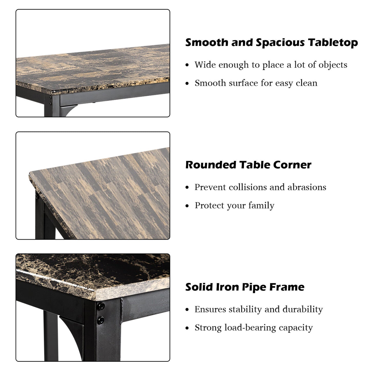 3 Piece Counter Height Dining Set with Metal Frame and Faux Marble Table - Brown
