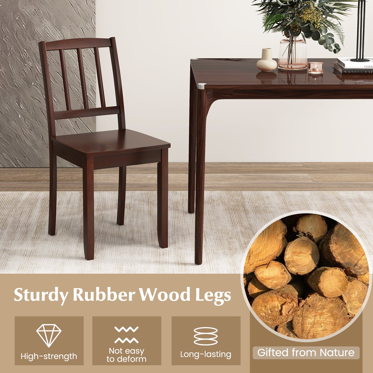Wooden Dining Chairs with Rubber Wood Legs and Curved Backrest - Brown, Set of 2