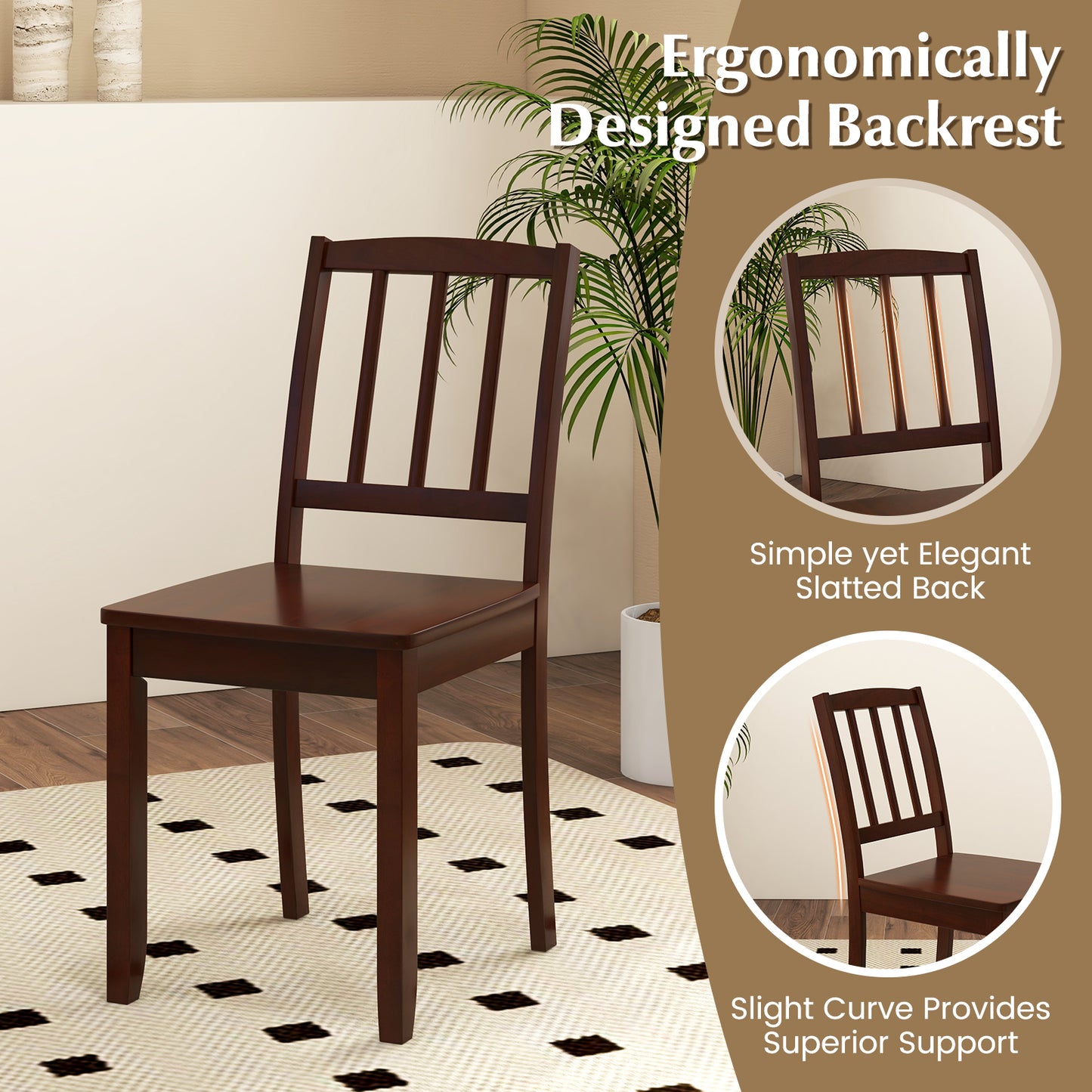 Wooden Dining Chairs with Rubber Wood Legs and Curved Backrest - Brown, Set of 2