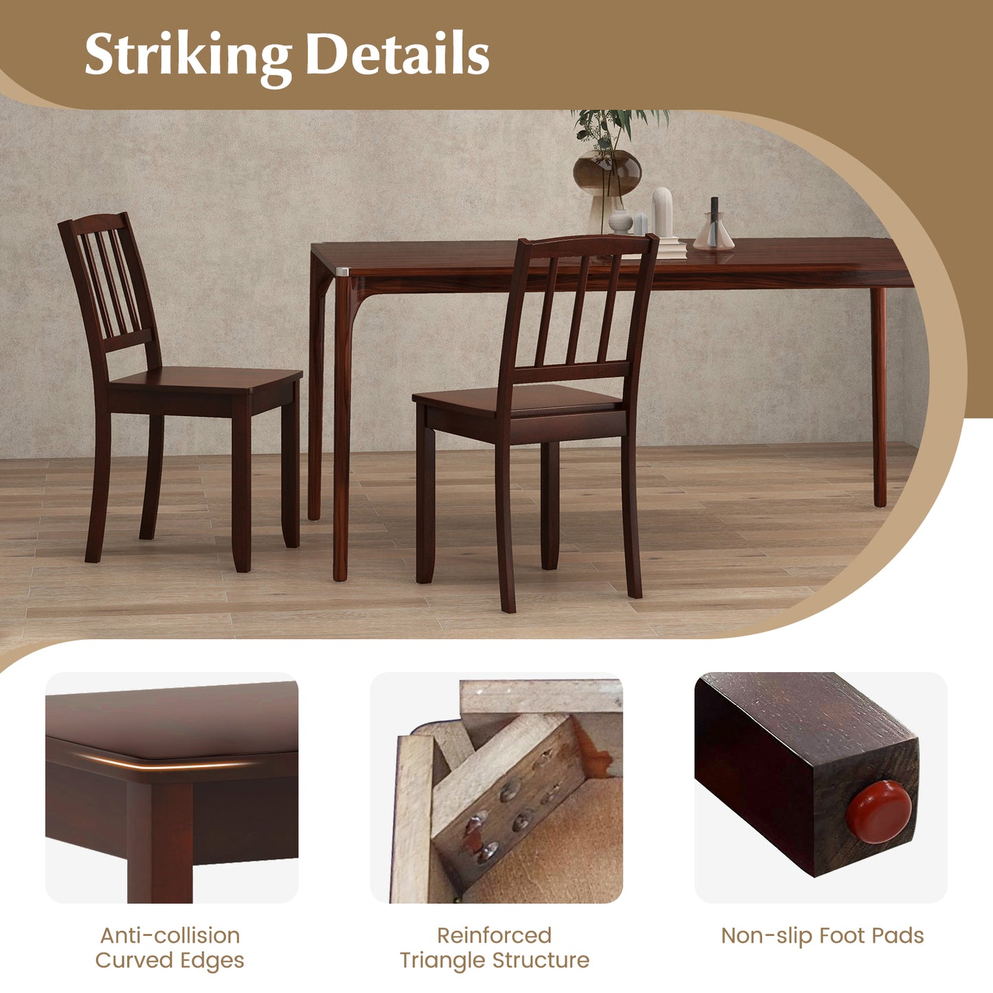 Wooden Dining Chairs with Rubber Wood Legs and Curved Backrest - Brown, Set of 2